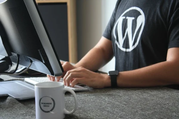Cómo elegir el mejor CMS para tu web - persona con una camiseta de WordPress escribiendo en un pc